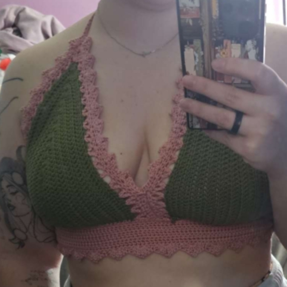Green and Pink Crochet Halter Top